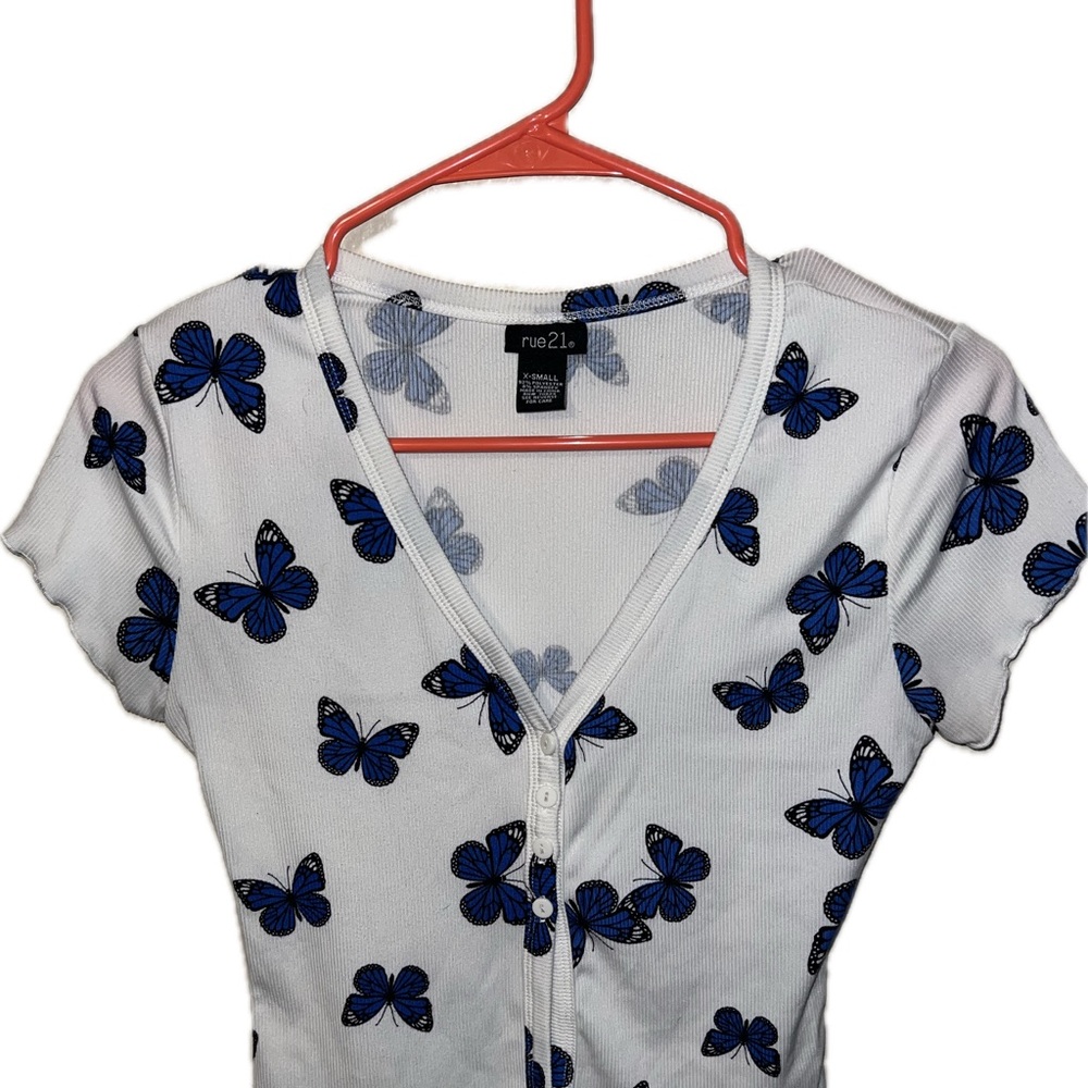 Rue21 White and Blue Butterfly Crop Top